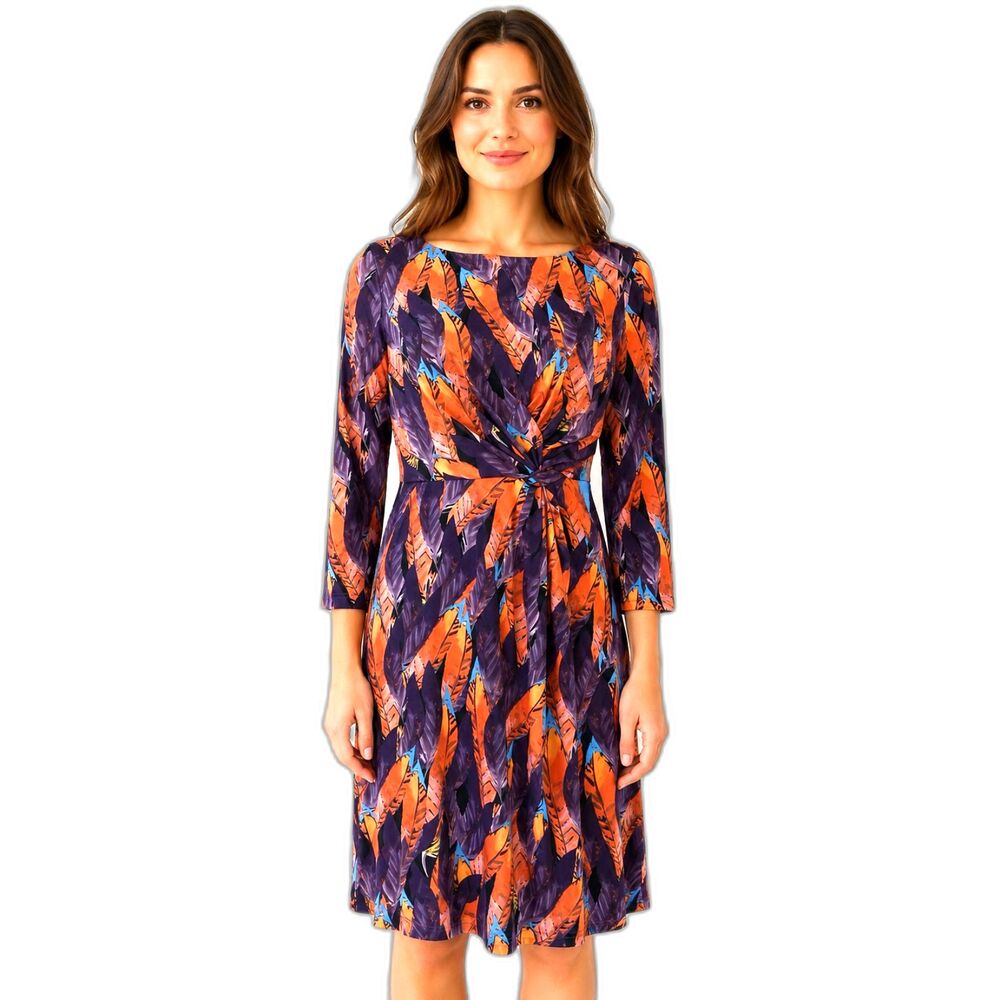 Tracy Negoshian Feather Print Faux Wrap Knot Dress Small 3/4 Sleeve Stretch